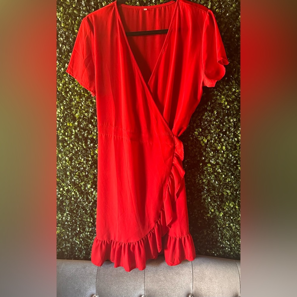 Red Ruffle Trim Mini Wrap Dress